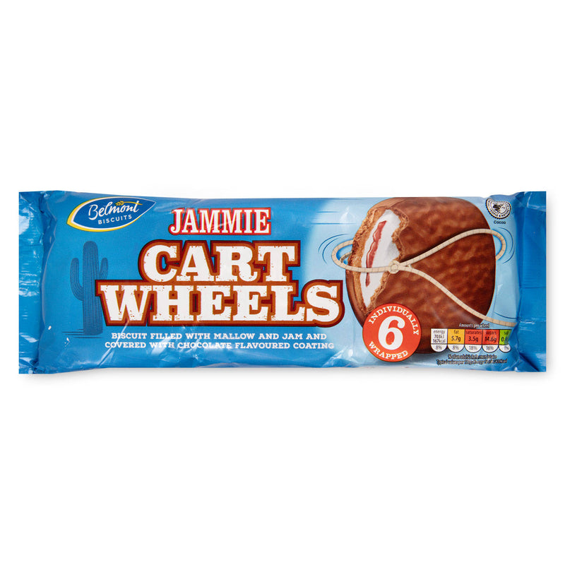 Jam and mallow biscuit wheels with chocolate flavoured coating - British product
