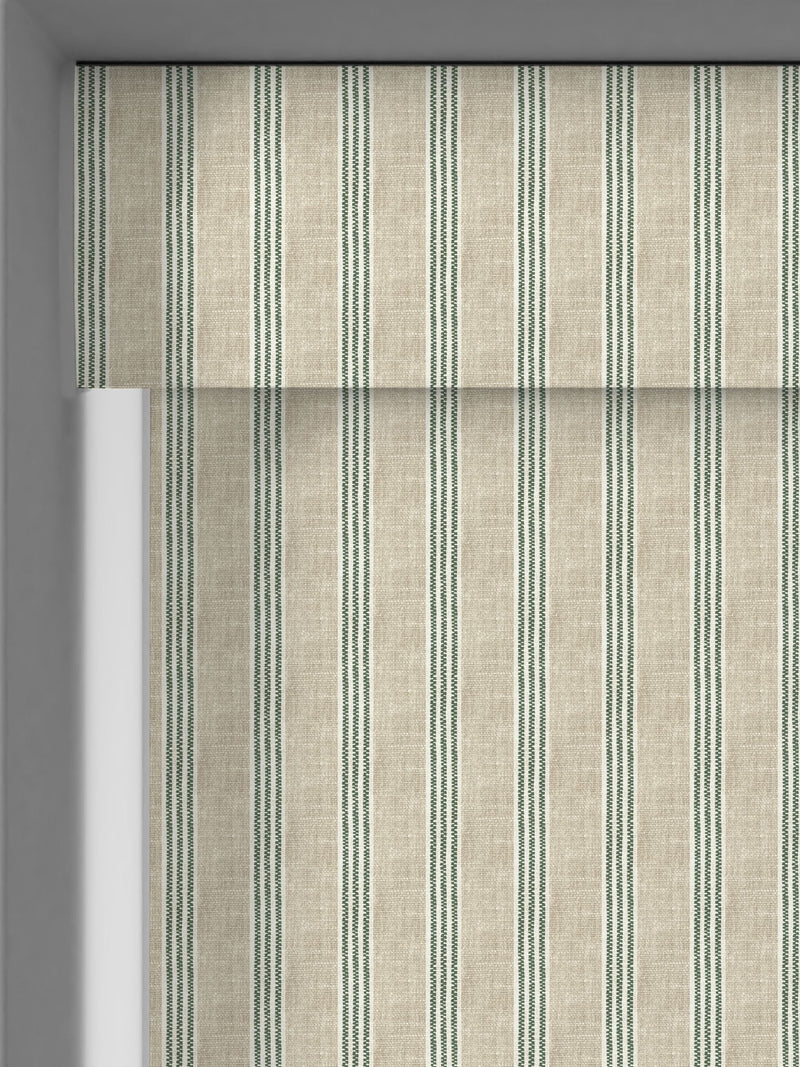Emily Bond fern green George stripe roller blind, imported from the UK