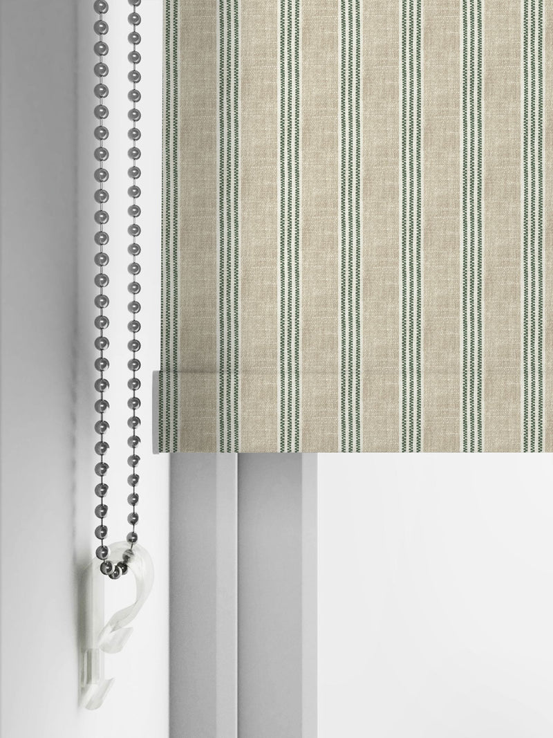 Emily Bond fern green George stripe roller blind, imported from the UK