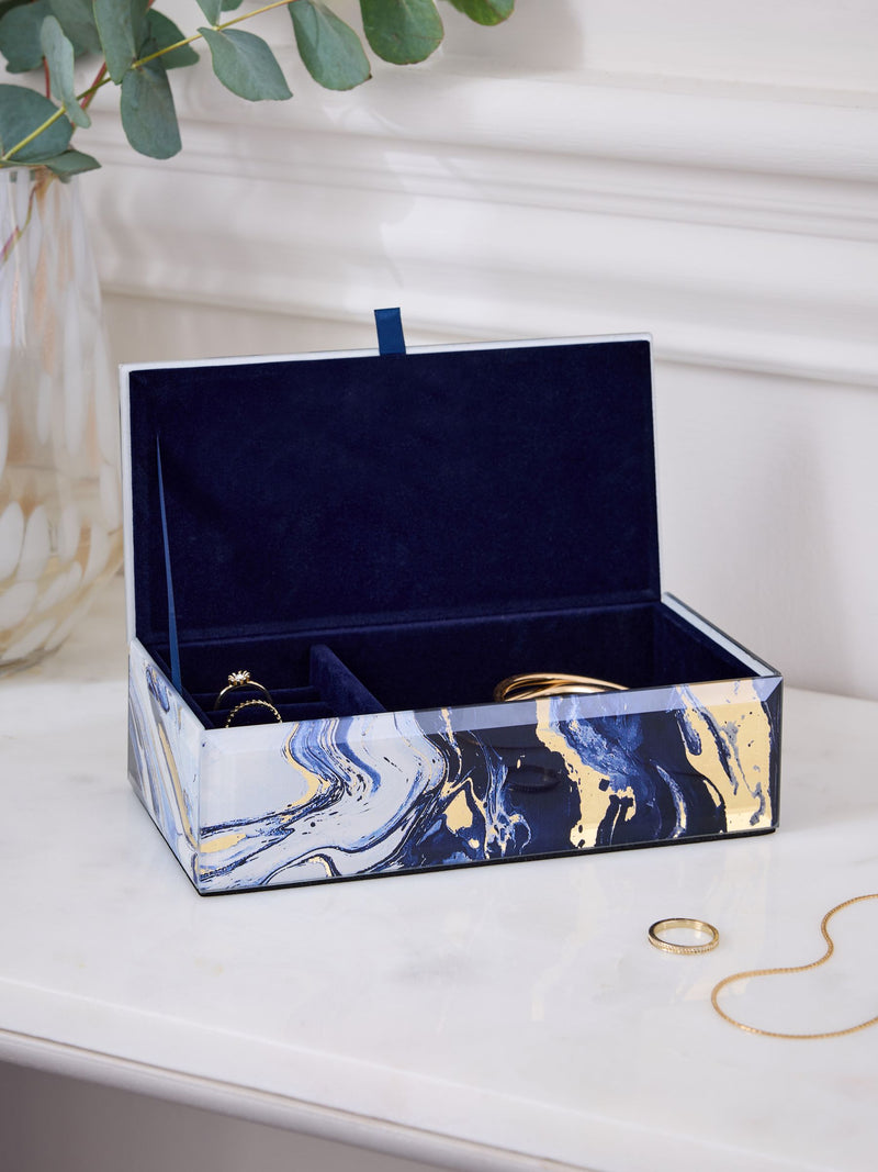 Navy marble effect glass jewellery box with velvet lining, imported from the UK