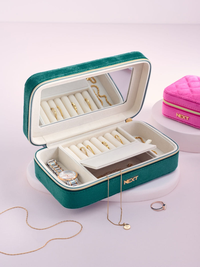 Velour travel jewellery box with compartments and mirror (British brand)