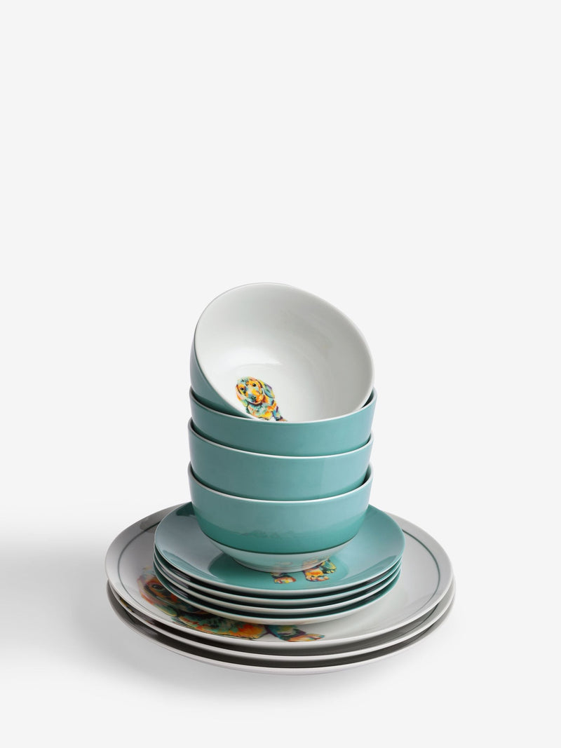 Porcelain dinner set teal blue sausage dog 12 piece (British brand)