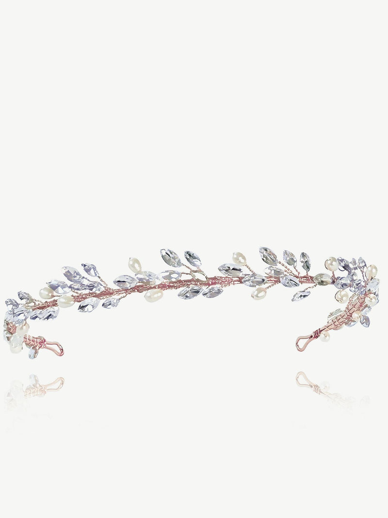 Rose Gold Plated Crystal and Freshwater Pearl Leaf Hair Band