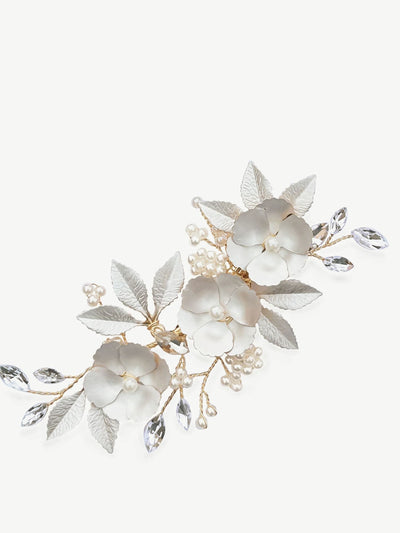 Pince à cheveux florale émaillée Ivory & Co Gold Gardenia en cristal et perle 10,5 cm