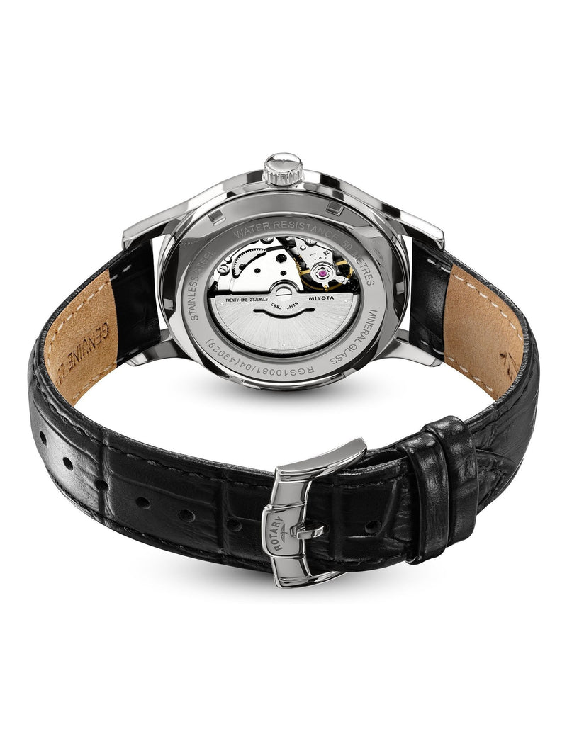 Rotary automatic watch black dial leather strap 40mm (British brand)