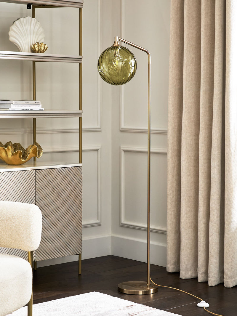 Green Freya floor lamp rippled glass shade brushed brass (British brand)