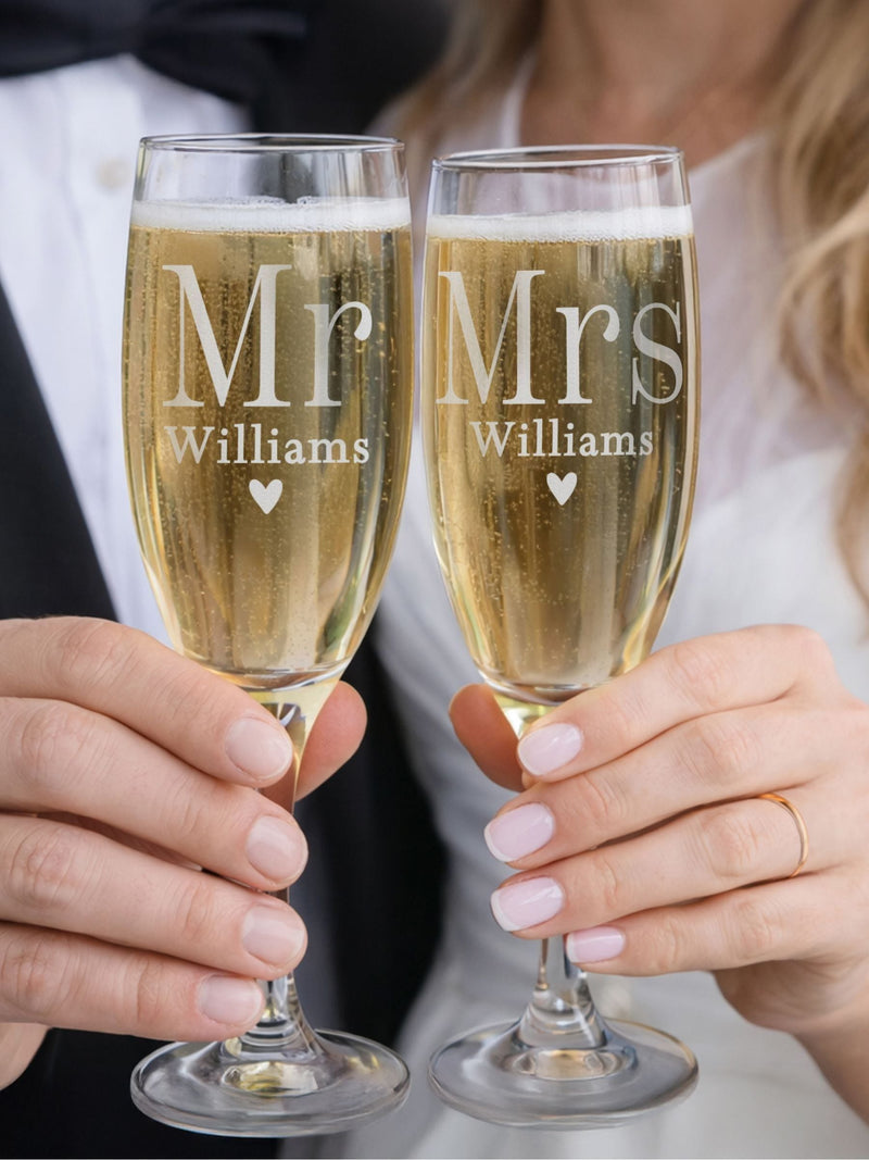 PMC personalised Mr & Mrs flute glasses pair, imported from the UK