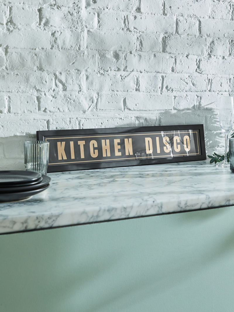 Black and gold Kitchen Disco framed wall art, 14x71cm - British product
