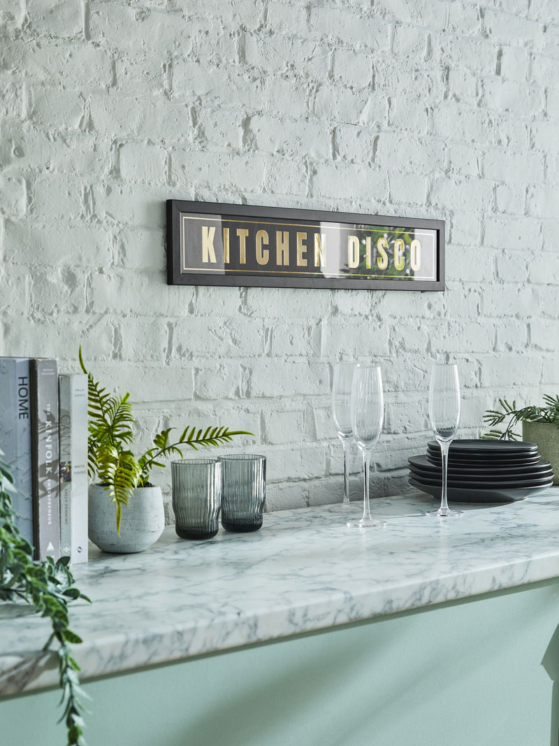 Black and gold Kitchen Disco framed wall art, 14x71cm - British product
