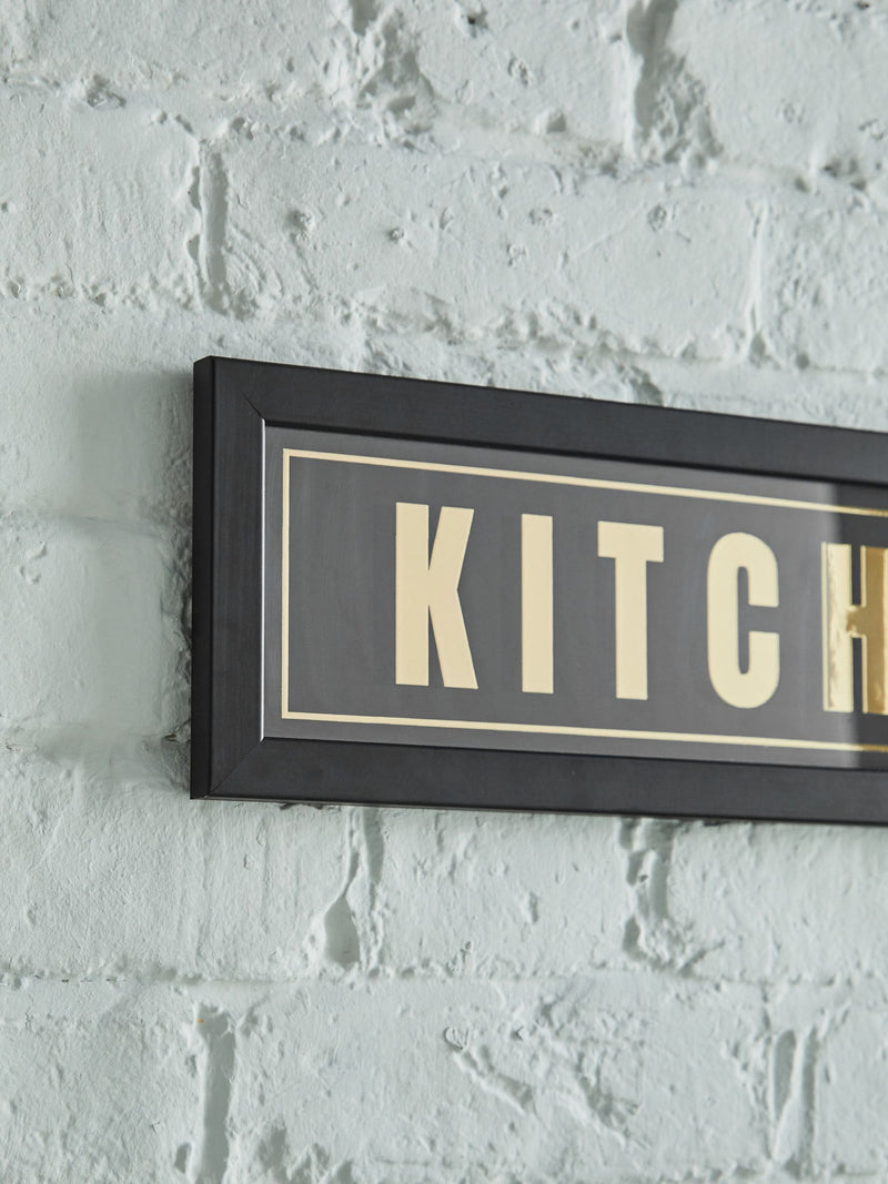 Black and gold Kitchen Disco framed wall art, 14x71cm - British product