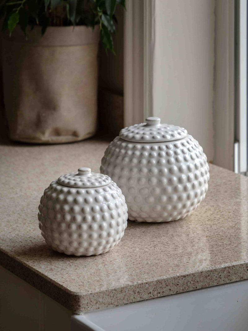 Gallery Home white beaded ceramic small jar, imported from the UK