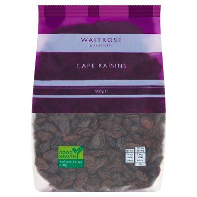 Waitrose Cape raisins 500g resealable pack, UK version