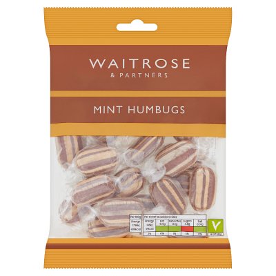 Waitrose mint humbugs boiled sweets 200g, imported from the UK