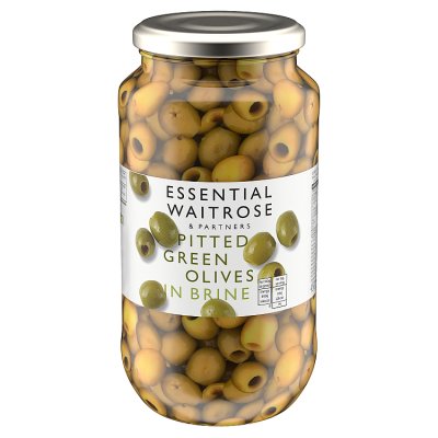 Waitrose pitted green olives in brine 935g, UK version