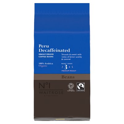 Waitrose No.1 organic Fairtrade Peru decaf coffee beans 227g, UK version