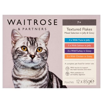 Waitrose 7+ cat food flakes 12x85g, imported from the UK