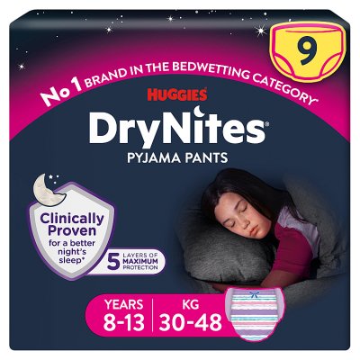 Huggies DryNites pyjama pants for girls 8-13 years 9 pack (British brand)
