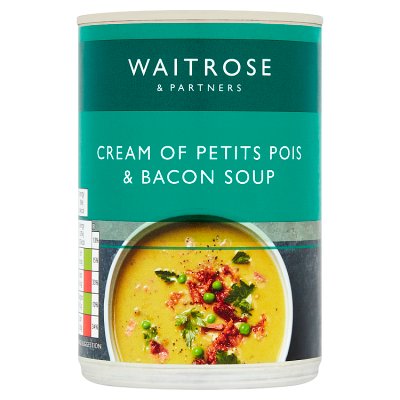 Waitrose cream of petits pois and bacon soup 400g (British brand)