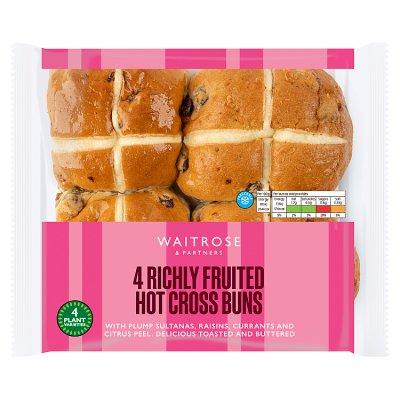 Waitrose hot cross buns richly fruited 4 pack, imported from the UK