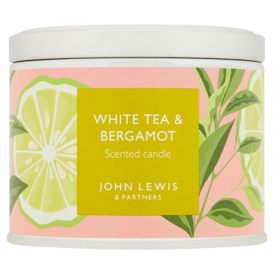 John Lewis white tea and bergamot scented candle tin (British brand)