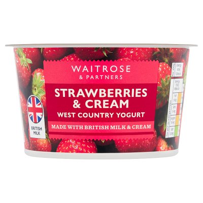 Waitrose strawberries and cream yogurt 150g, imported from the UK