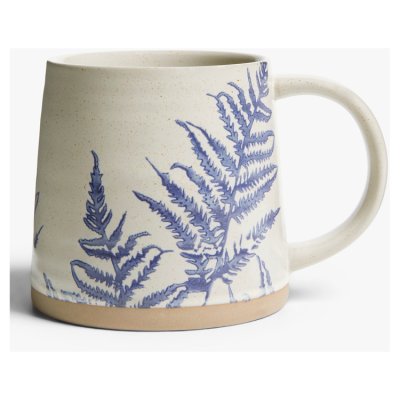 Stoneware mug with blue fern design, imported from the UK
