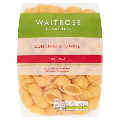 Waitrose conchiglie rigate pasta 500g, imported from the UK