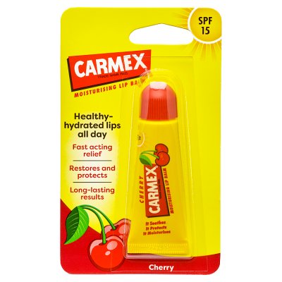 Carmex cherry lip balm tube with SPF 15, 10g (British brand)