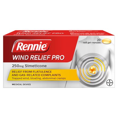Rennie Wind Relief Pro 20 capsules simeticone 250mg, imported from the UK