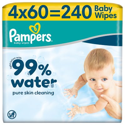 Pampers baby wipes 99% Water 4x60pk, UK version