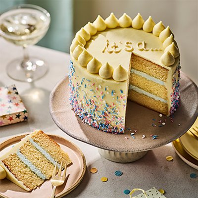 Waitrose blue gender reveal cake with golden sponge - British product