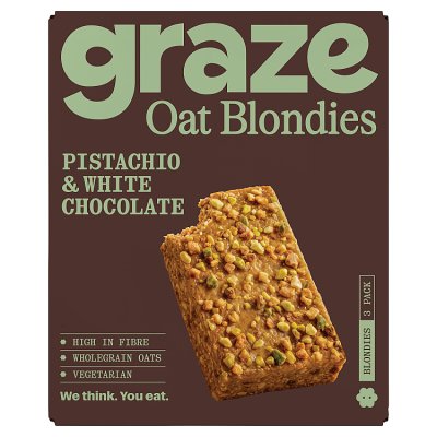 Graze pistachio and white chocolate oat blondies 135g, imported from the UK
