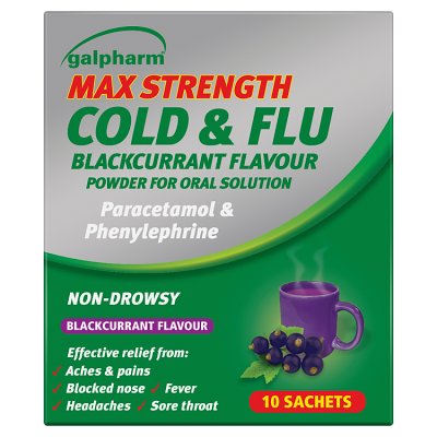 Galpharm Max Strength cold and flu sachets blackcurrant 10s - British product