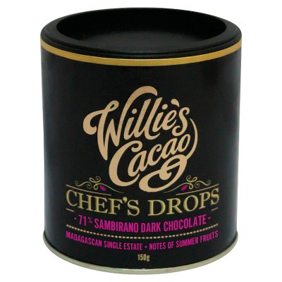 Willie's Cacao Sambirano dark chocolate drops 71% 150g, UK version