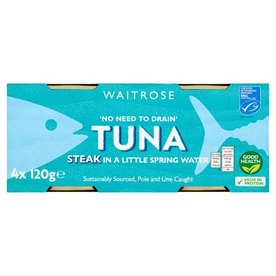 Waitrose No-Drain Tuna Steak in Spring Water 4x120g, UK version