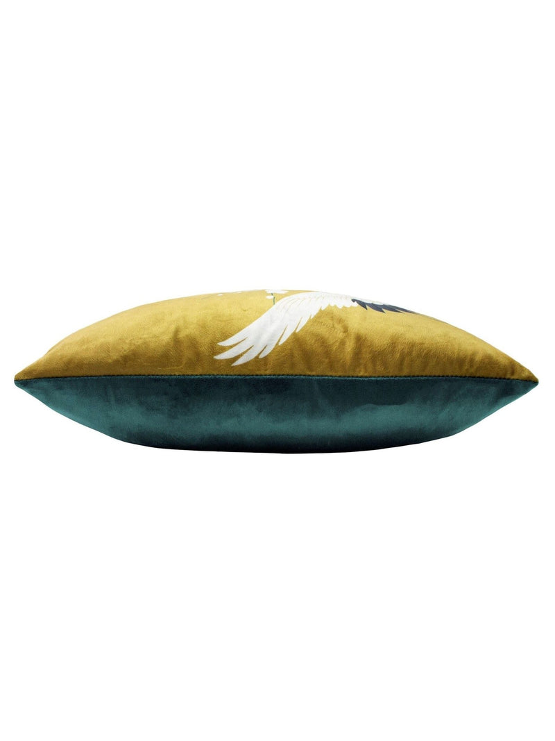 Riva Paoletti gold Kensho cushion with bird print, imported from the UK