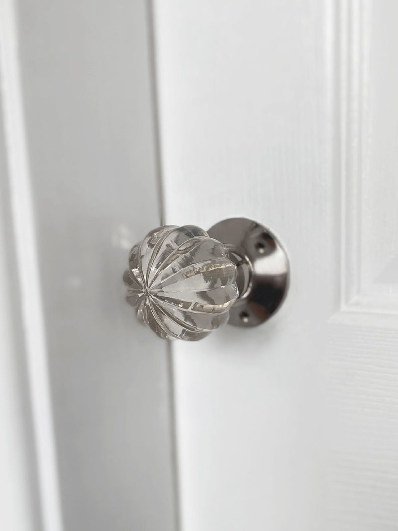 Laura Ashley Chrome Vivien Glass mortice knob pair (British brand)