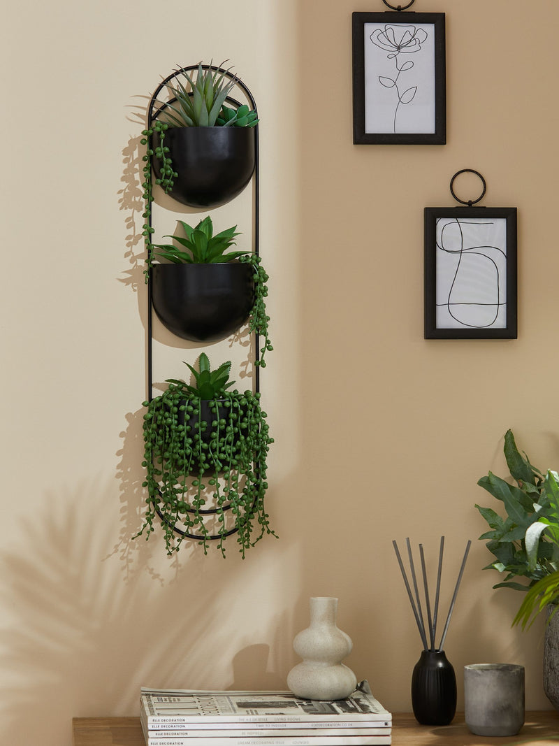 Black Bronx wall planter with artificial plants 60cm height - British product