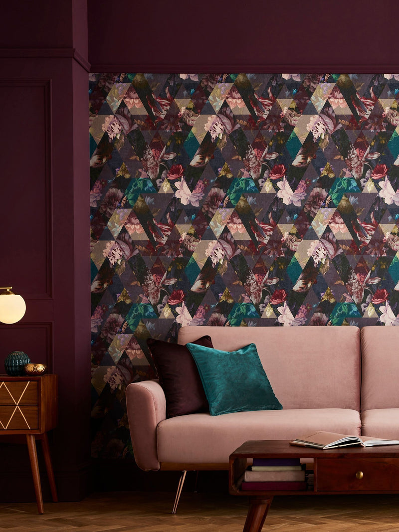 Graham & Brown Amethyst Timepiece floral wallpaper sample, imported from the UK