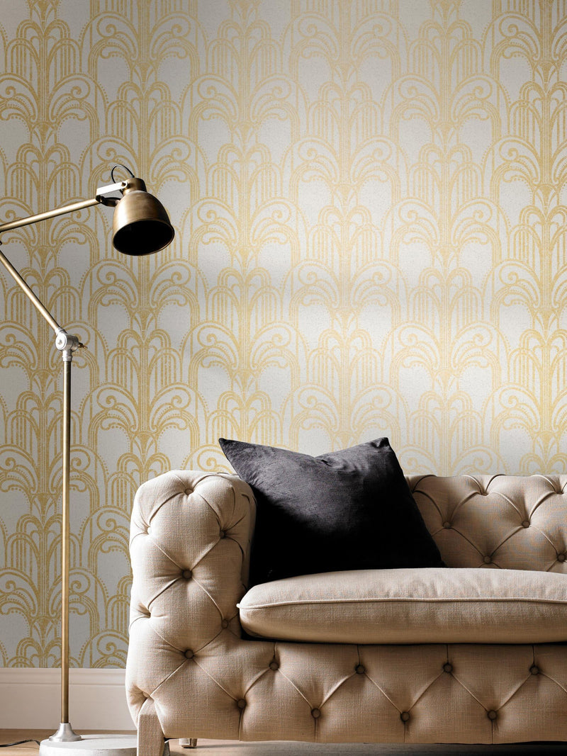Graham & Brown schwarz-goldene Art-déco-Tapetenmuster (britische Marke)