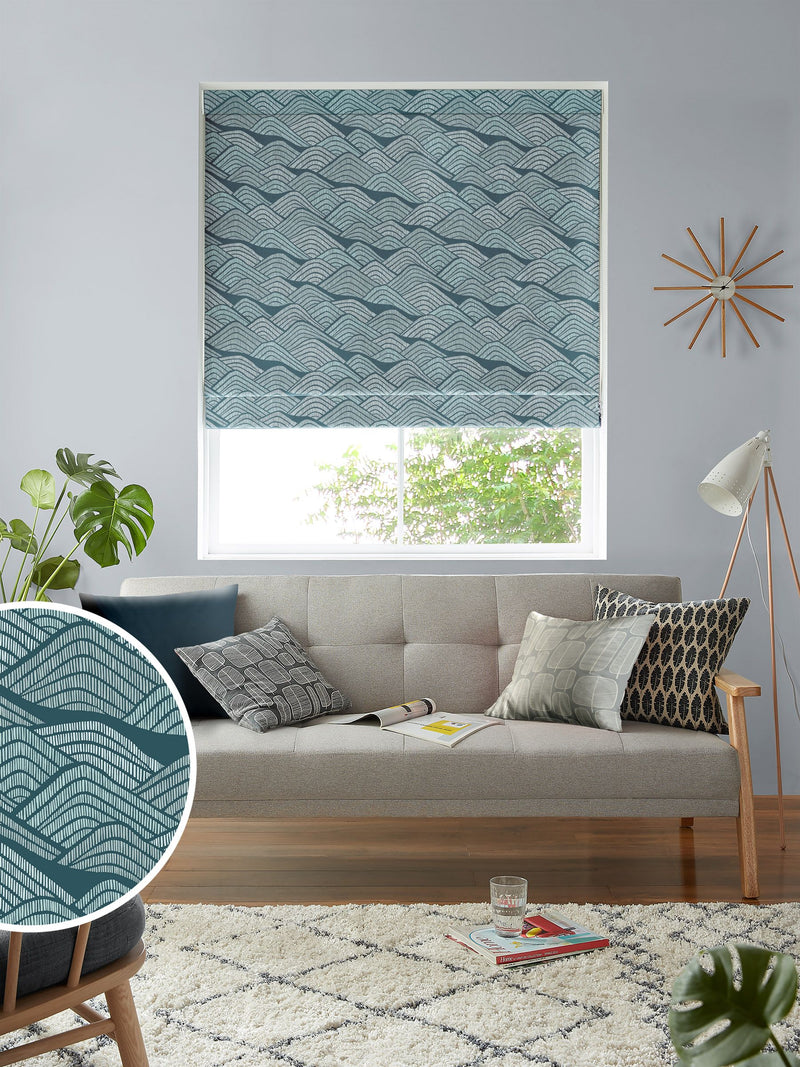 MissPrint blue green cotton Roman blind with Frontier print, imported from the UK