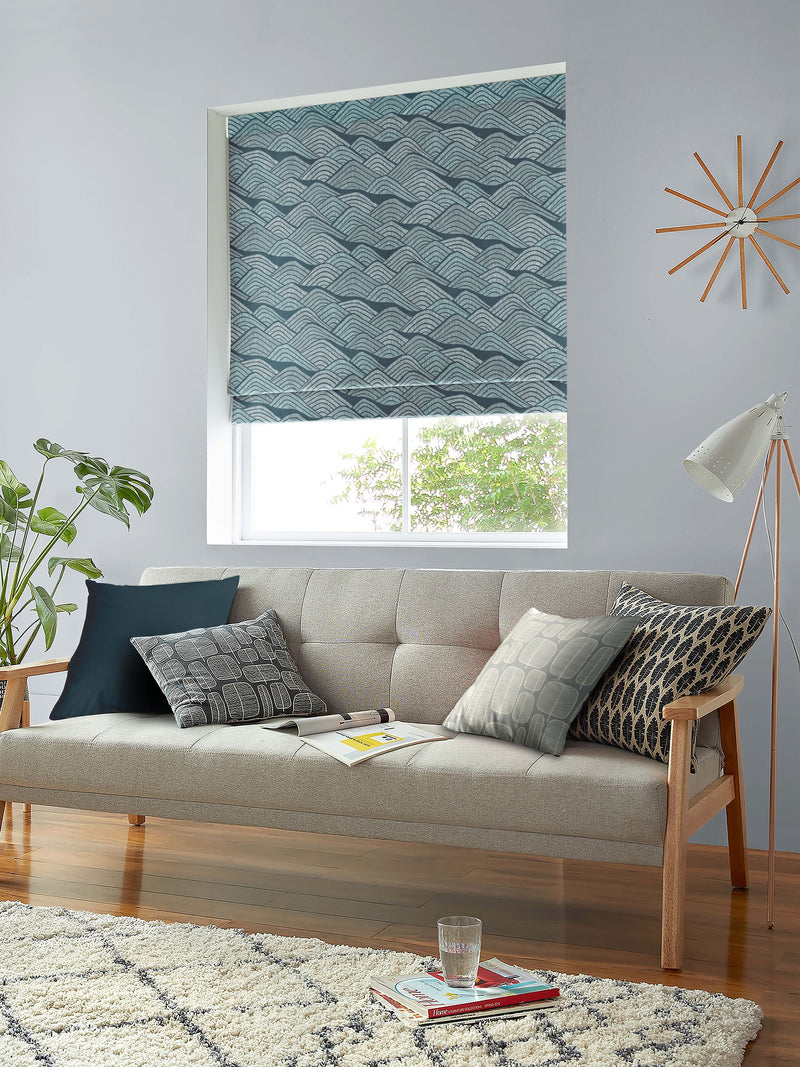 MissPrint blue green cotton Roman blind with Frontier print, imported from the UK