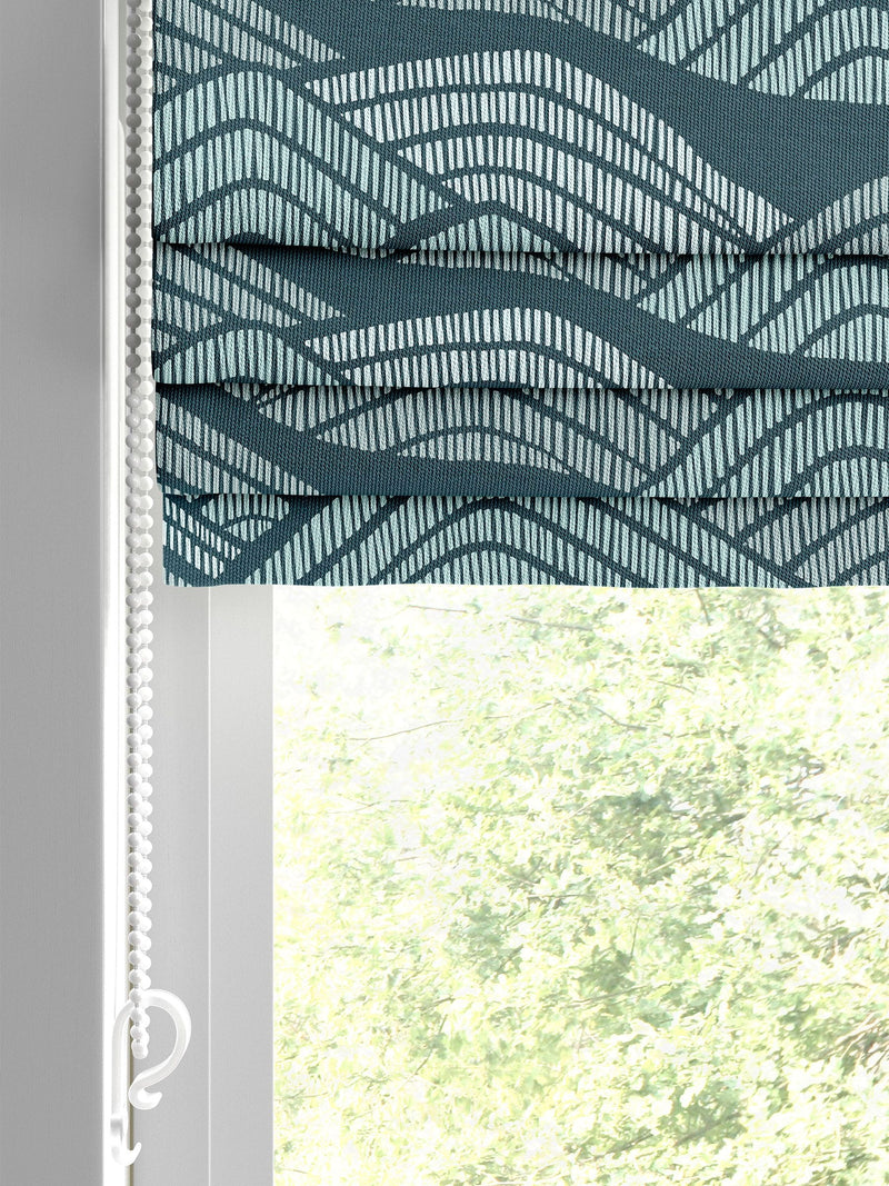 MissPrint blue green cotton Roman blind with Frontier print, imported from the UK