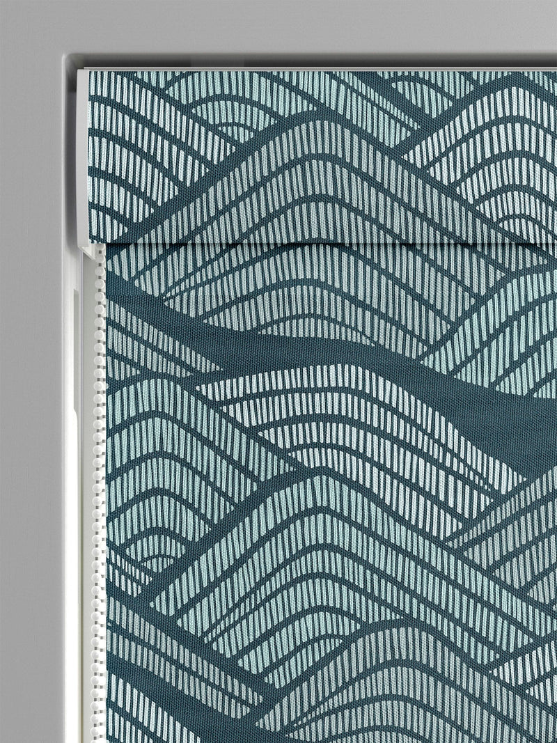 MissPrint blue green cotton Roman blind with Frontier print, imported from the UK