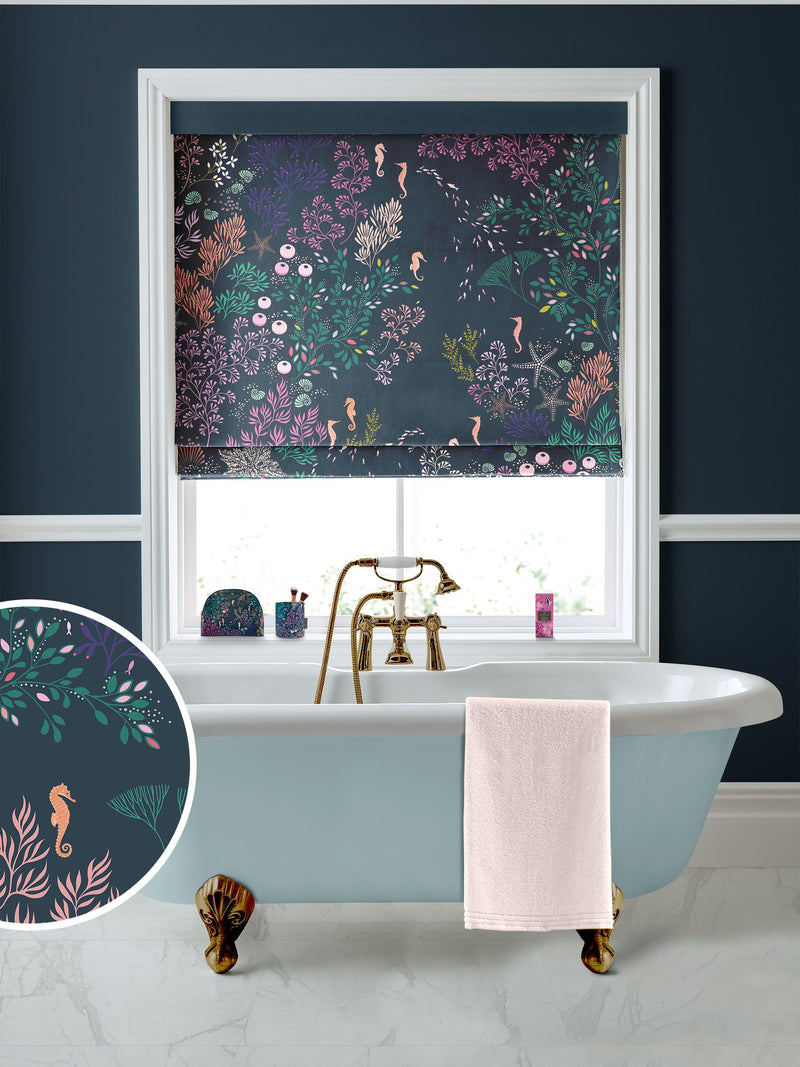 Sara Miller navy roman blind with underwater print (British brand)