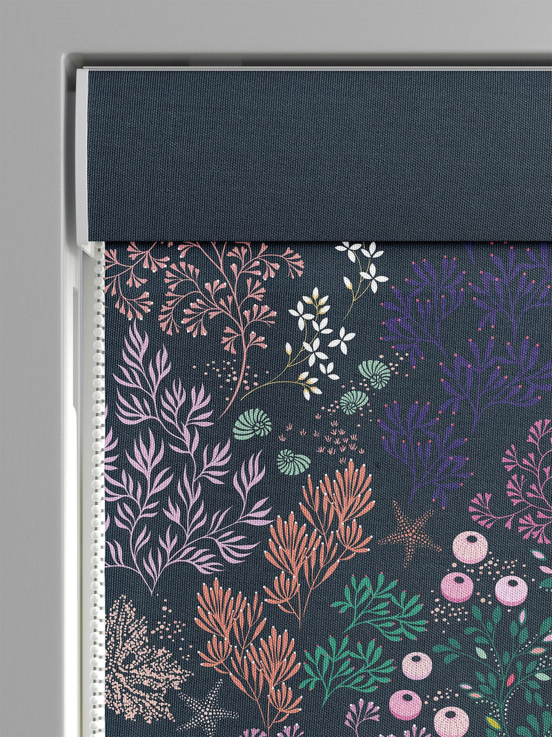 Sara Miller navy roman blind with underwater print (British brand)