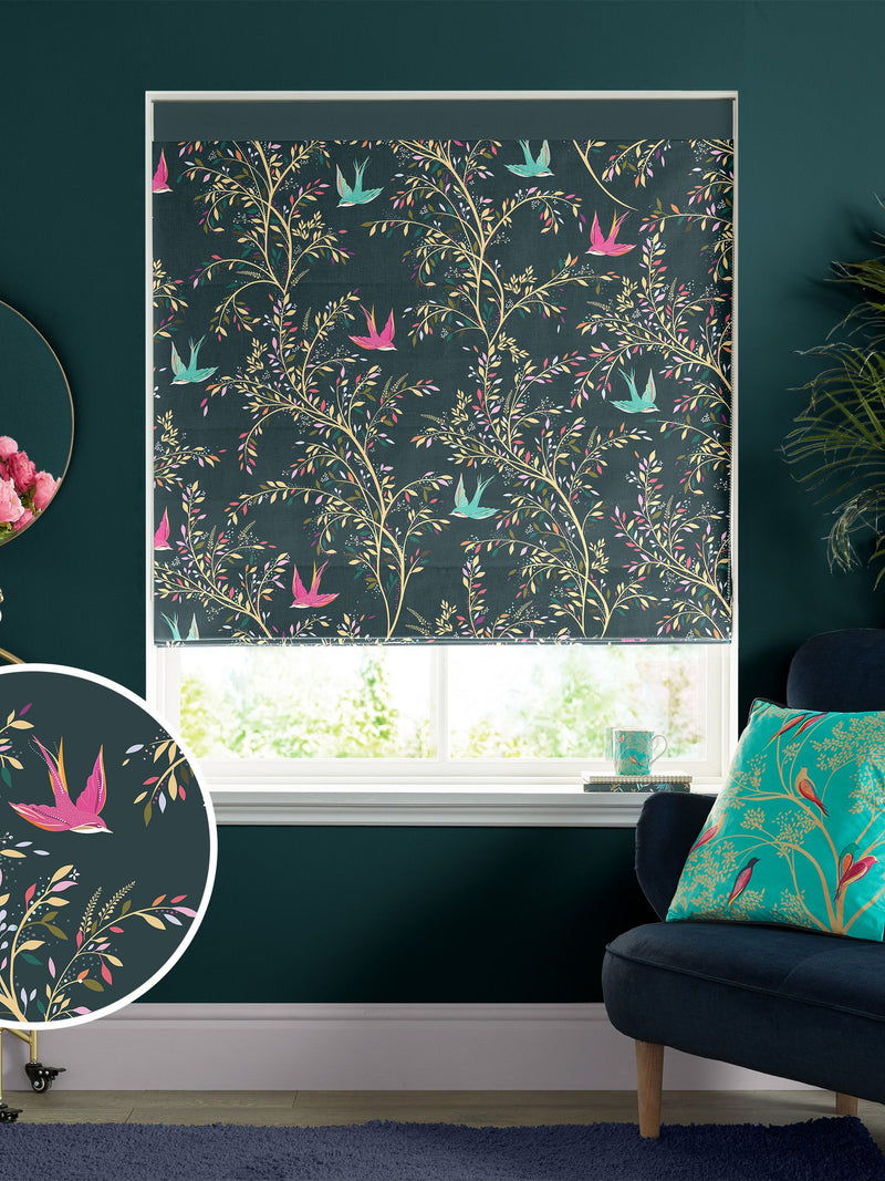 Sara Miller green 100% cotton roman blind with swallows design - British product