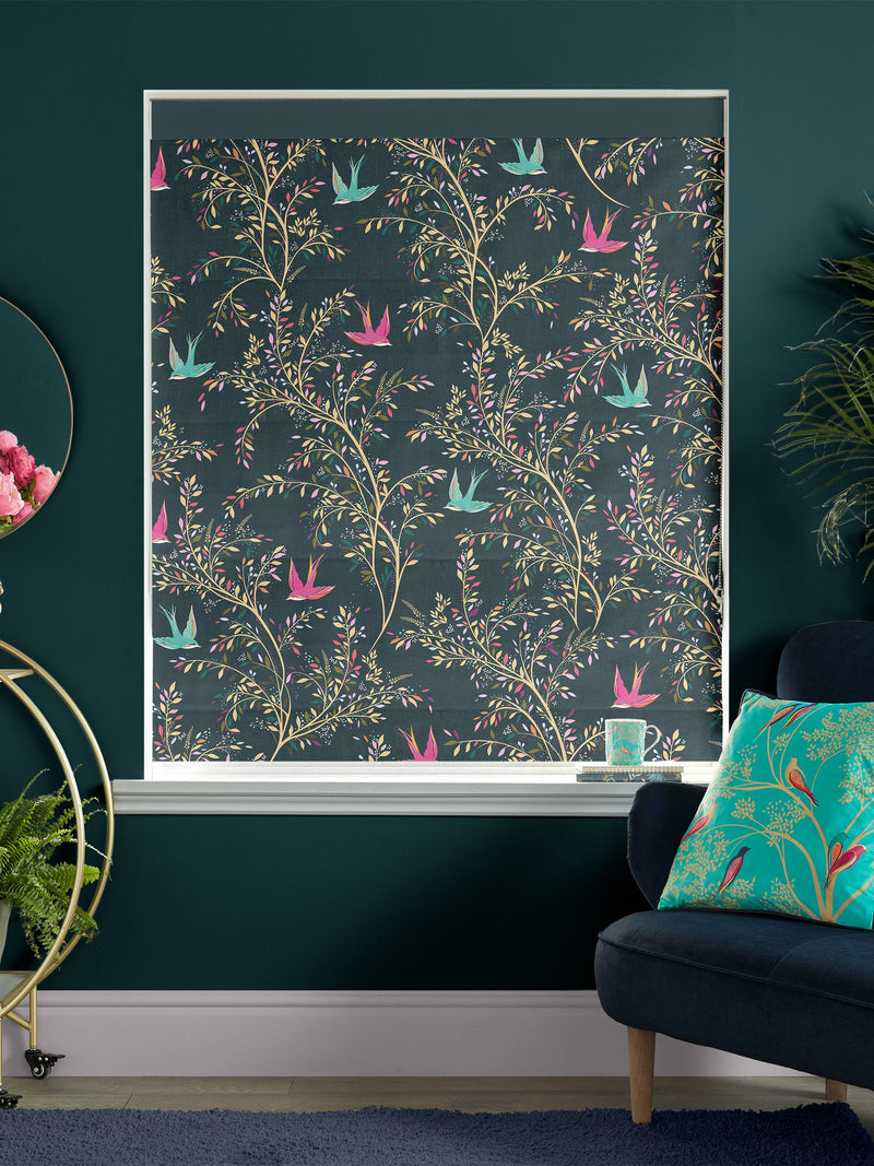 Sara Miller green 100% cotton roman blind with swallows design - British product