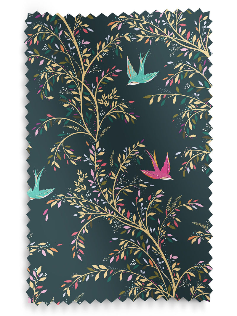 Sara Miller green 100% cotton roman blind with swallows design - British product