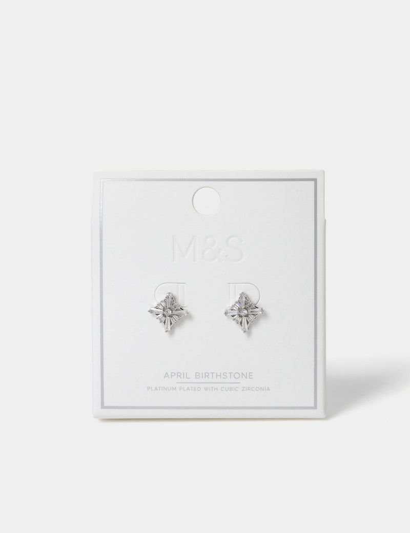 Platinum plated cubic zirconia birthstone stud earrings, imported from the UK